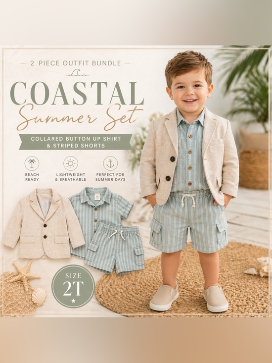 C&C California Other - 2T Boys Coastal Summer Bundle 🌊 Neutral Linen Blazer & Beach Set